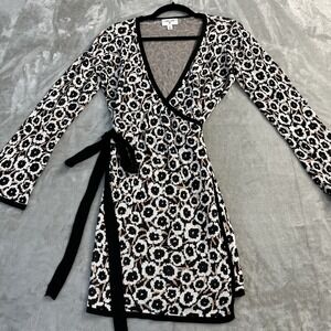 Diane Von Furstenberg Dress Womens Small Black Leopard Knit Wrap Long Sleeve